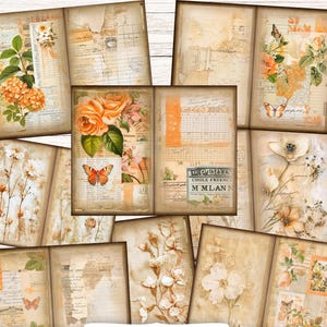 Kit de diário de lixo vintage Ledger | Páginas de colagem de outono para impressão | Papéis de grunge laranja para scrapbook de outono | Pacote de download digital botânico JPG