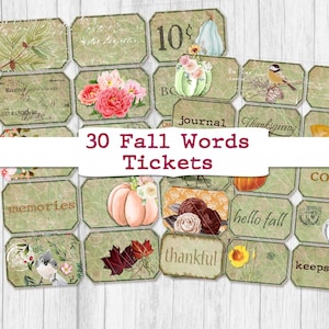 Etiquetas efímeras de palabras de otoño / Boletos de calabaza de otoño / Kit de diario basura vintage con boletos imprimibles, descarga digital / Adornos de etiquetas de palabras