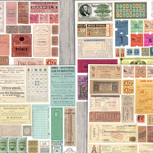 Vintage Ephemera Sheets printable junk journal kit digital download scrapbooking pages Collage papers pack invoices receipts tickets stamps