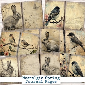 Spring Papers Junk Journal Kit Digital Download Scrapbook Pages Easter Printable Neutral Floral Bird Bunny
