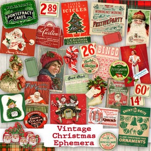 Papeles decorativos navideños vintage, descarga digital, kit para diario creativo, páginas troqueladas retro en rojo y verde para manualidades y álbumes de recortes.