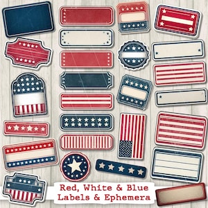 4. Juli 2018 rot weiß blau blau blau blau rot gelb Mini Basbtft Anhänger Vintage Junk Journal Papier Sterne Label