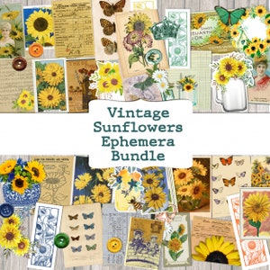 boho vintage sunflowers ephemera printable junk journal kit shabby chic digital download fussy cut sunflower papers neutral fall autumn jpg