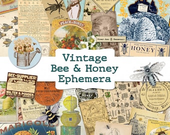 Vintage Honey Labels Ephemera printable junk journal kit Bee Digital Download Bees Pages Papers floral fussy cuts shabby chic cottage label