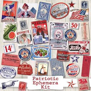 Vintage patriotic ephemera printable junk journal kit fourth 4th of July usa 250 retro Americana digital download paper red white blue pages