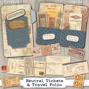 May include: A blue and brown travel folio with the words "Adventure" and "To Travel is to Live" on the front. The folio is filled with vintage tickets and ephemera.
