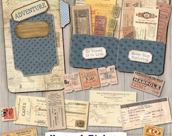 Vintage Travel Folio Gift Kit digital download Gifts Cards Tickets Vintage Ephemera Printable junk journal scrapbook DIY paper crafts ticket