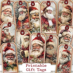 Etichette regalo di Natale di Babbo Natale, etichette regalo vintage stampabili, etichette di carta per allegre feste, kit di carta da regalo digitale scaricabile