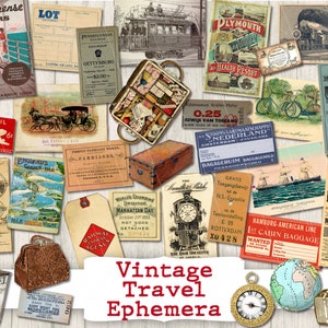 afdrukbare vintage reisdagboekkit voor ephemera | vakantietickets bagagelabels kieskeurige bezuinigingen | ticket digitale download transportadvertenties