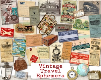 vintage travel ephemera printable junk journal kit vacation tickets paper fussy cuts pages papers ticket digital download collage scrapbook