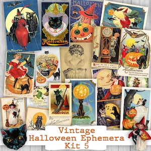 vintage halloween cards junk journal kit printable fall ephemera autumn fussy cut digital download pumpkin cat witch owl clip art paper page