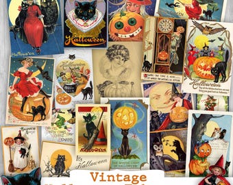 vintage halloween cards junk journal kit printable fall ephemera autumn fussy cut digital download pumpkin cat witch owl clip art paper page