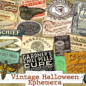 Puede incluir: Un collage de efímeras de Halloween vintage que presenta varios anuncios de remedios, tónicos y curas. La imagen incluye texto como "Poor Man's Friend Ointment", "Gardner's Chill Pills Cure", "Holloway's Pills & Ointment", y "Sir Tong Sal Tongaline".