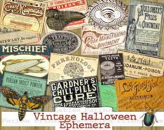 Papel digital de Halloween, etiquetas de veneno vintage, kit de diario de recortes, botella de poción, páginas de scrapbooking