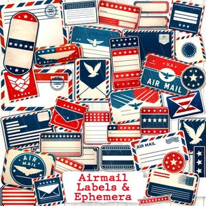 Luftpost Ephemera | vintage beschriftungen bedruckbar | Luftpost Label Junk Journal Kit | patriotischer digitaler 4.Juli-Gedenktag in rot weiß blau