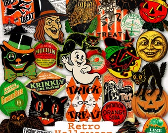 May include: A collection of vintage Halloween ephemera featuring witches, black cats, owls, ghosts, and jack-o'-lanterns. The designs include the text "Trick or Treat", "Frankenstein Key Chain", and "Retro Halloween Ephemera".