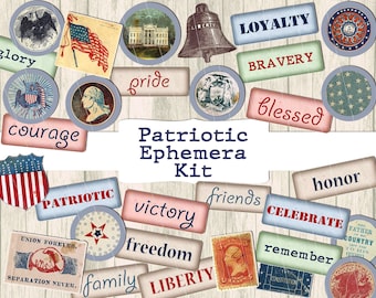 Vintage Patriotic Ephemera printable junk journal kit Fourth 4th of July Americana words phrases labels American Independence Day digital