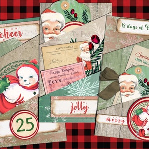 Retro Weihnachten Geschenk Tasche Printable Vintage Junk Journal Kit digitaler Download Ephemera Taschen shabby Geschenke Weihnachtsmann Schneemann Countdown Craft
