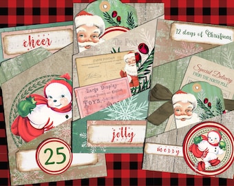 Digital Christmas Pocket Folio download Vintage Retro Santa Junk Journal Kit Ephemera papers pages