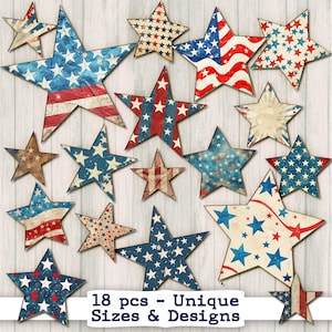 Patriotic Stars Printable Star digital download Vintage Flag Ephemera junk journal kit Americana Fourth 4th of July USA red white blue craft