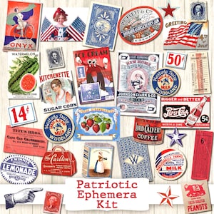 kit de journal indésirable imprimable éphémère patriotique vintage quatrième 4 juillet rétro Americana téléchargement numérique | Drapeau des Etats-Unis d'Amérique rouge blanc bleu