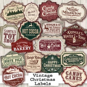 Retro Christmas Signs Words Labels printable Vintage ephemera tag label fussy cut digital download holiday Junk Journal embellishment papers