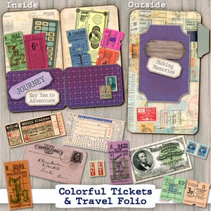 Vintage Travel Ephemera Folio dossier imprimable Junk Journal Kit | Pochettes chargées de billets de vacances | Téléchargement numérique Tampons JPG Factures publicitaires