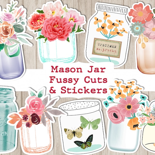 mason jar, printable, ephemera, mason jars, fussy cut, shabby chic, embellishment, digital, download, junk journal, kit, planner, stickers