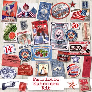 Vintage patriotische Ephemera druckbare Junk Journal Kit vierten 4. Juli Retro Americana digitaler Download Papier rot weiß blaue Seiten Papiere