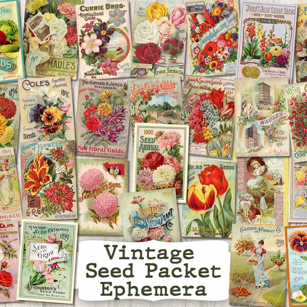 Authentiek 1880-1900, vintage, zaad, catalogi, ephemera, afdrukbaar, reclame, bloem, pakketten, digitaal, decoupage, kit, tuin, boek, doe-het-zelf