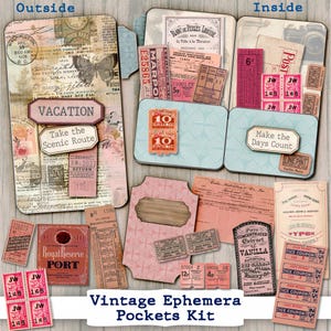 Vintage Reise Ephemera Printable Junk Journal Kit | Urlaubstickets Folio Geladene Taschen | digitaler download rot pinke Seiten Paper Ledger Ads