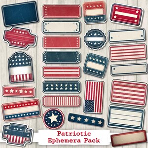 Patriotische 4. Juli Ephemera zum Ausdrucken | Vintage Junk Journal Kit Americana digitaler Download | 4.Militär Stars & Stripes USA Labels
