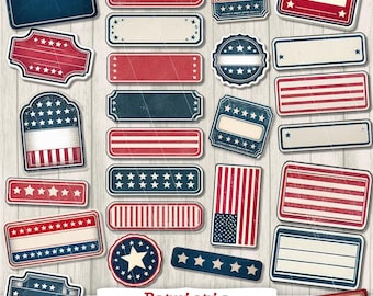 Printable red white blue labels — Patriotic ephemera digital download — vintage junk journal label kit printables