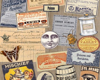 Vintage Halloween Ephemera Printable Retro Poison Labels Clipart digital download junk journal kit Scrapbook Page paper Craft Decoupage moon