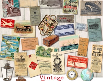 Vintage Travel Ephemera junk journal kit digital download vacation clip art papers scrapbooking tickets maps collage fussy cuts paper crafts