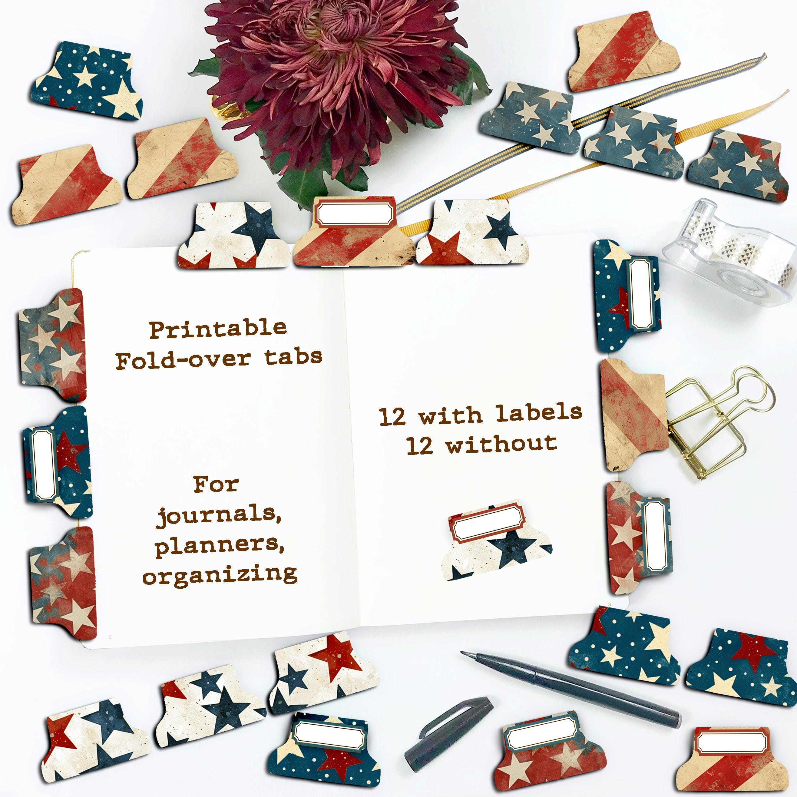 Patriotic printable page tabs vintage fourth 4th of July ephemera dividers labels junk journal kit folder tab planner digital craft supplies