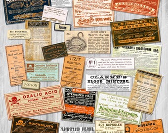 Vintage Halloween Poison Labels Printable Retro Ephemera digital download Junk Journal Kit Potion Label Scrapbook Crafts Papers Paper Craft