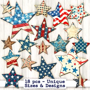 Patriotic Stars Printable Star Ephemera | American Flag junk journal kit | Americana Fourth 4th of July digital download USA red white blue