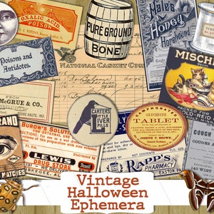 Vintage Fall ephemera, vintage halloween, ephemera, pack, printable, apothecary, labels, fall, poison, label, junk journal, halloween, kit