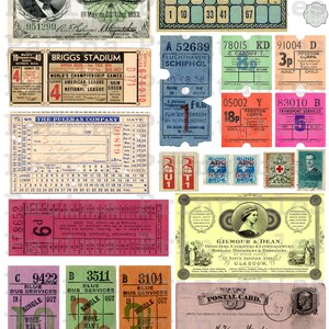 Vintage Tickets junkjournaalkit | Afdrukbaar Ephemera-bundelpakket | reizen transport advertenties postzegels | kleurrijke digitale instant download JPG