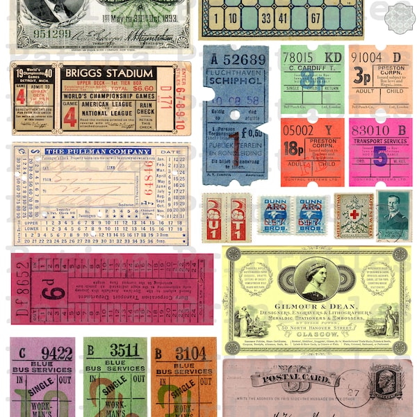 Colorful vintage tickets, vintage, ephemera, pack, printable, invoices, stamps, junk journal, kit, digital, download, transportation, bundle