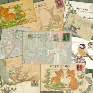 Cartes de Noël vintage Kit de carnet à imprimer pour les ordures Cartes postales éphémères de la nature Papiers de carte Winter Woodland Pages de cartes postales à téléchargement numérique PDF