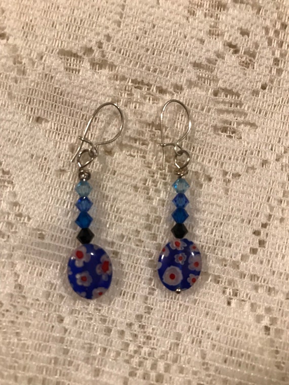 Vintage Blue Millefiori Glass Bead Earrings