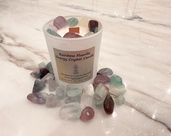 GMO-FREE 100% Natural Soy Wax Rainbow Fluorite Energy Crystals Candle - Eco Luxury - Toxin Free - Vegan - Clean Burn - Highest Quality