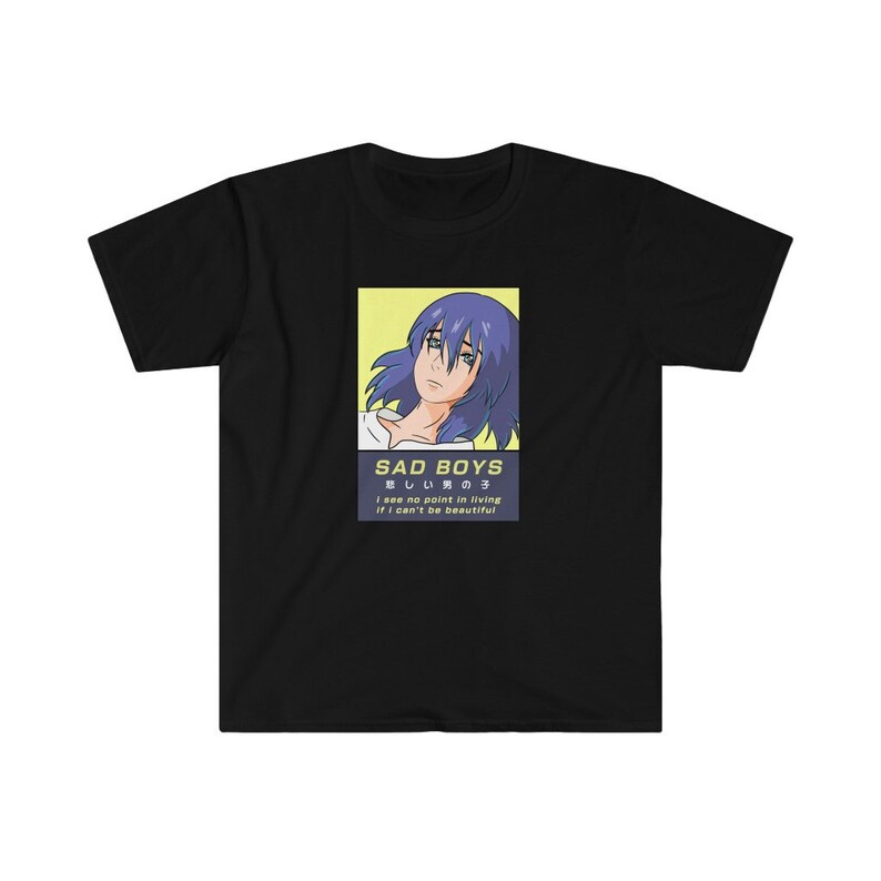 May include: Black t-shirt with a graphic of an anime character with blue hair and the text "SAD BOYS 悲しい男の子 I see no point in living If I can't be beautiful"