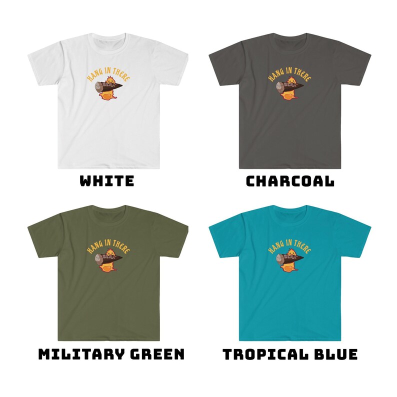 May include: Four t-shirts in different colors: white, charcoal, military green, and tropical blue. Each shirt features a cartoon illustration of a bear holding a log with the text "Hang in there" above the bear.