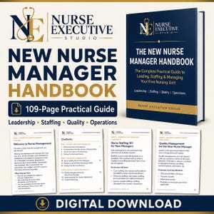 Puede incluir: Un libro azul oscuro y dorado titulado The New Nurse Manager Handbook, con el logotipo de Nurse Executive Studio. El conjunto incluye cuatro páginas interiores que muestran el contenido de los capítulos, liderazgo, personal, calidad y operaciones.