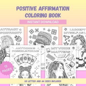 Affirmationen Malbuch, Selbstentwicklung Positive Affirmationen Download, Motivation, Selbstliebe, Malseiten für Erwachsene, US Letter & A4