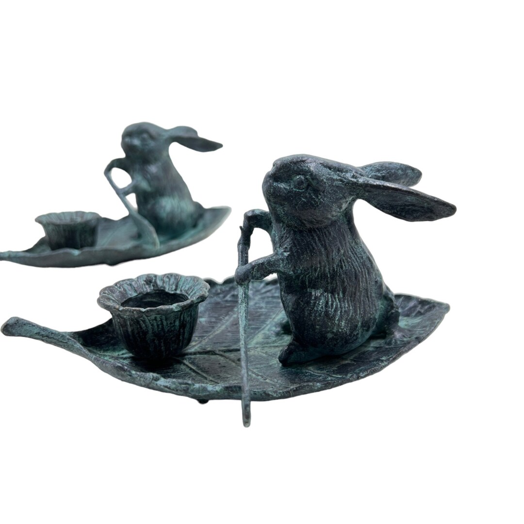 Pair Vintage Chamberstick Bunny Rabbit Rowing Leaf Brass - Etsy