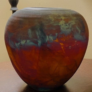 Raku Pottery Vase with Rim signed by Les Mitchell